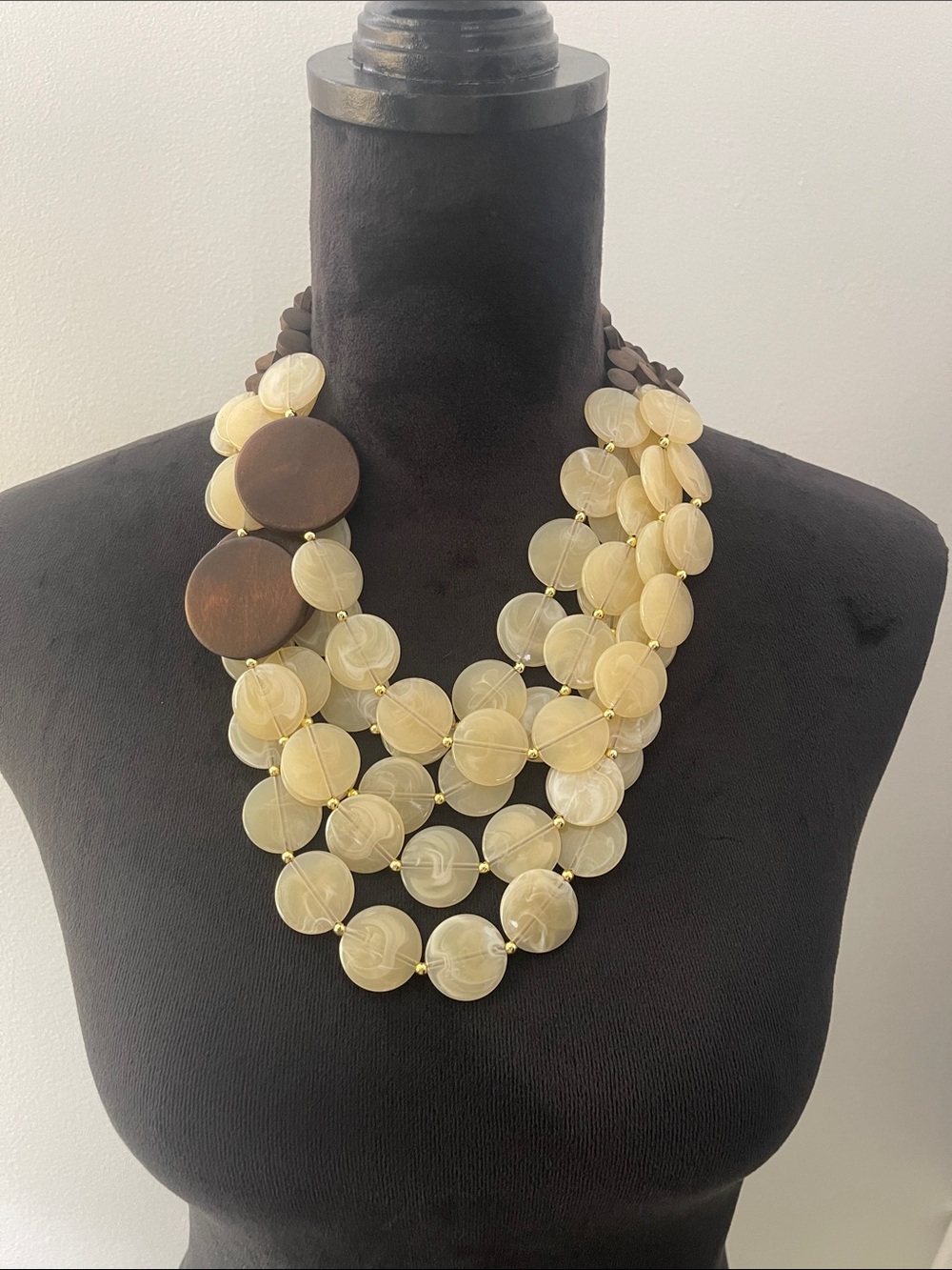 Multi-Strand Cream Disk Necklace with Wood Accent - Women Jewelry